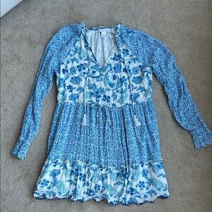 House of Harlow Blue Floral Midi Dress Large Boho Tiered Cottage Core size M